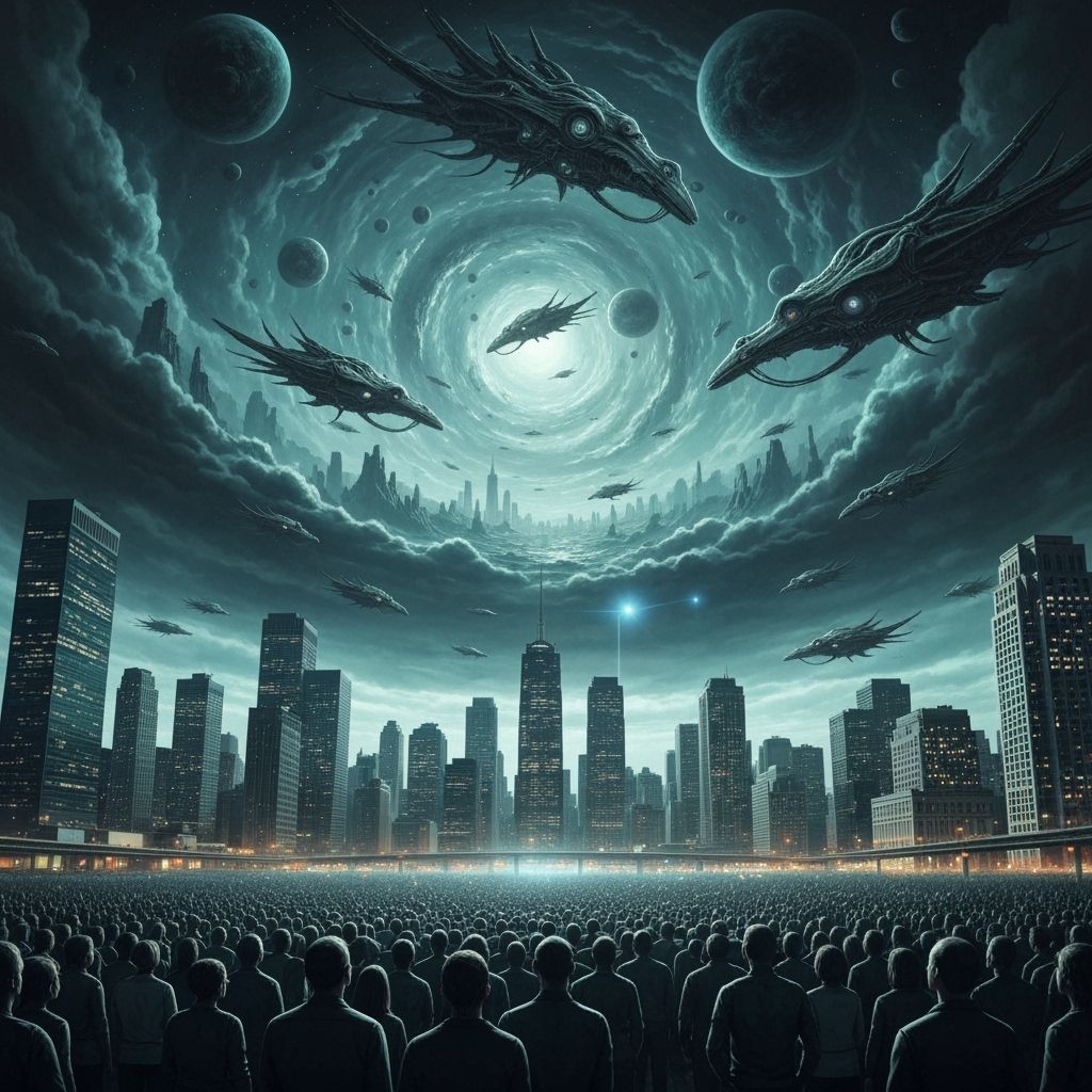 Alien Invasion Over Metropolis in H.R. Giger Style