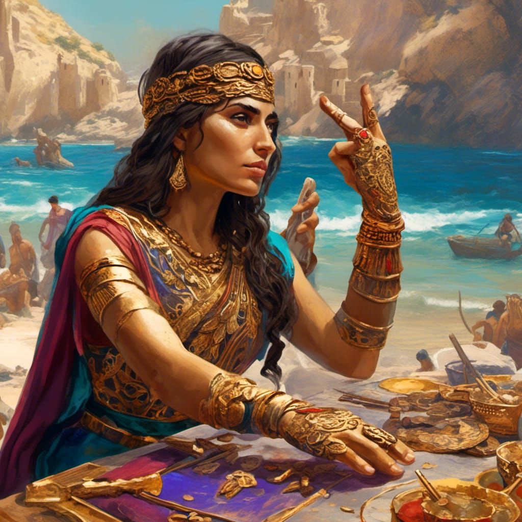 <lora:Phoenicia:1.0> alcohol ink picture of a beautiful Phoenician woman with hands having four fingers and a thumb at t...
