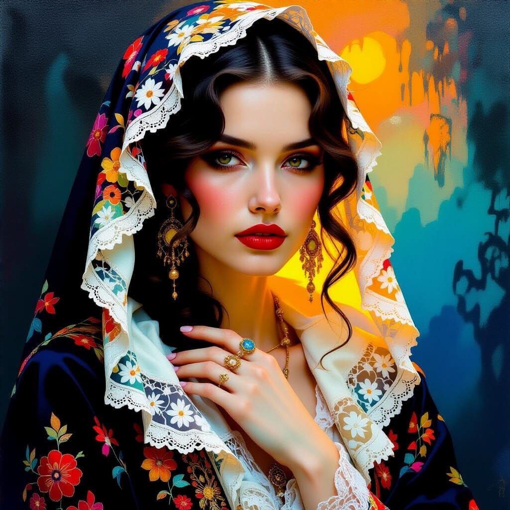 Baroque Woman with Neon Accents as Oil Painting