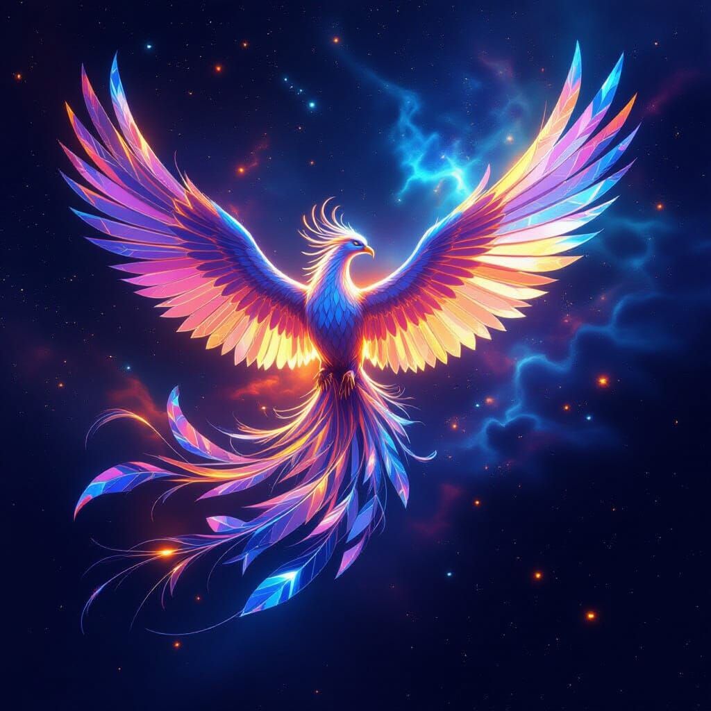 Crystal Phoenix Soaring Through Nebula in CGI Style