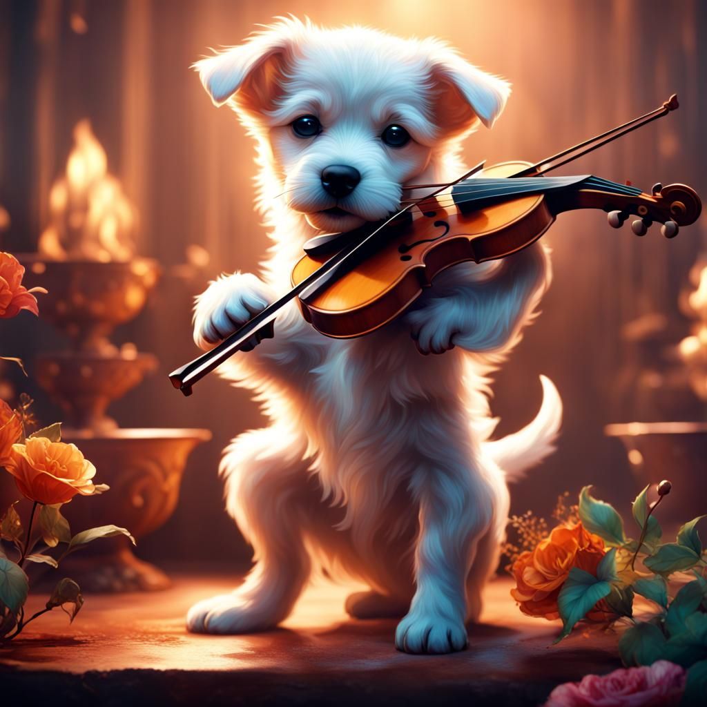Puppy Plays Violin: Detailed Matte Painting