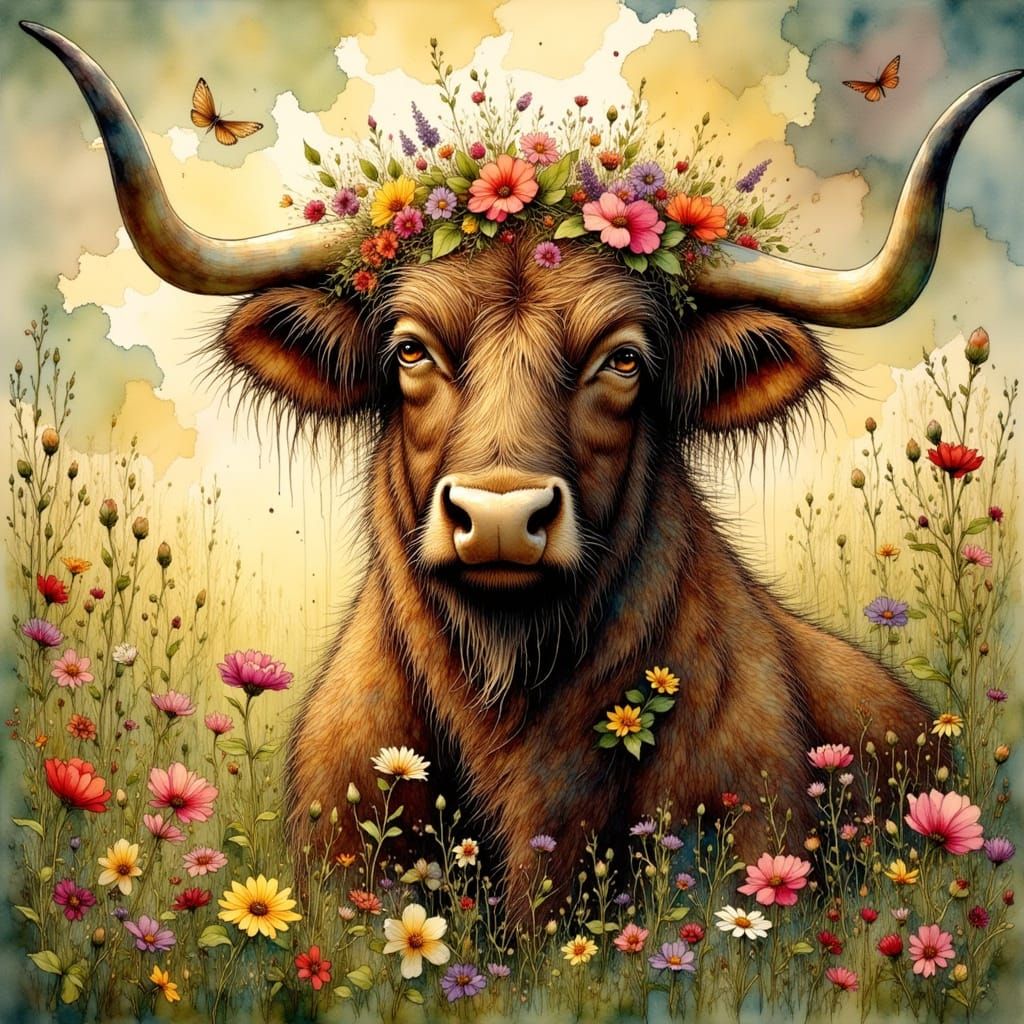 Surreal Art Nouveau Bull Celebrates in Vibrant Floral Paradi...