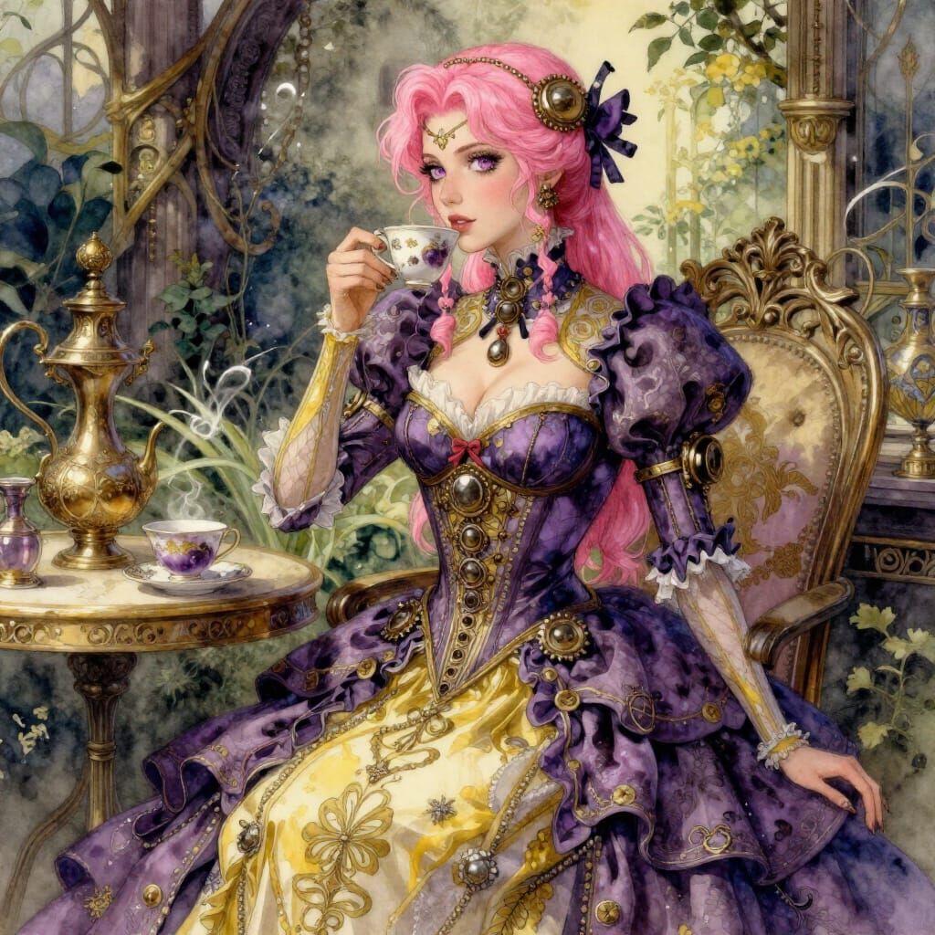 Steampunk Garden Tea Time with Pink Haired Woman