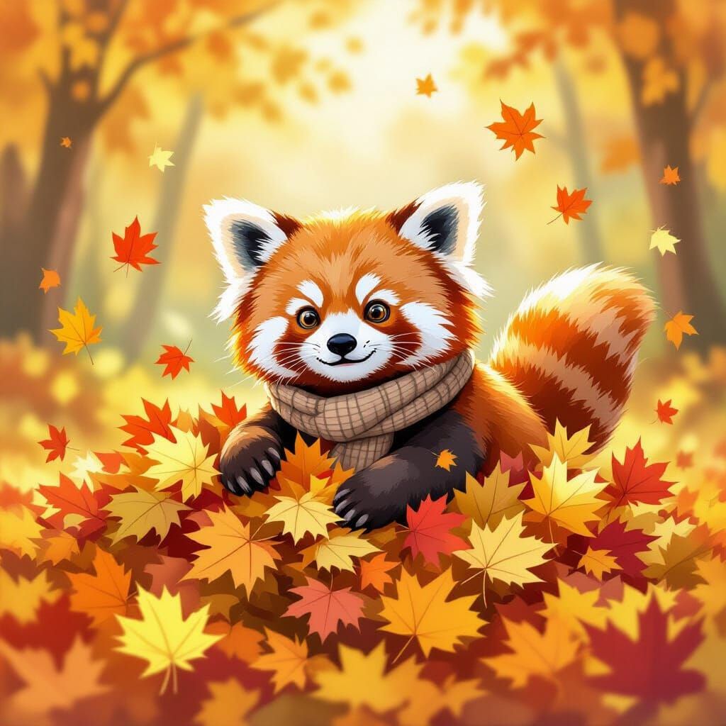 Fluffy Red Panda in Autumn Leaves Watercolor Illustration