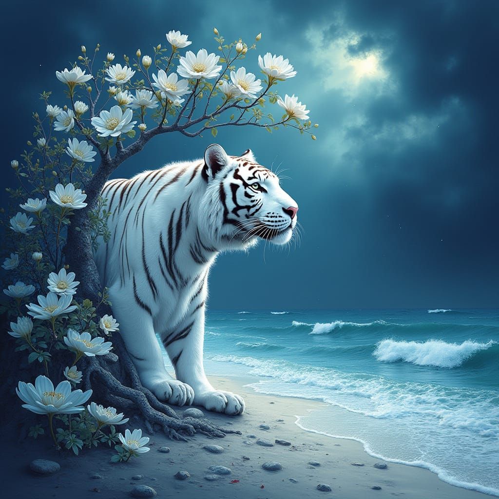 Surreal White Tiger in Cosmic Beach Scene