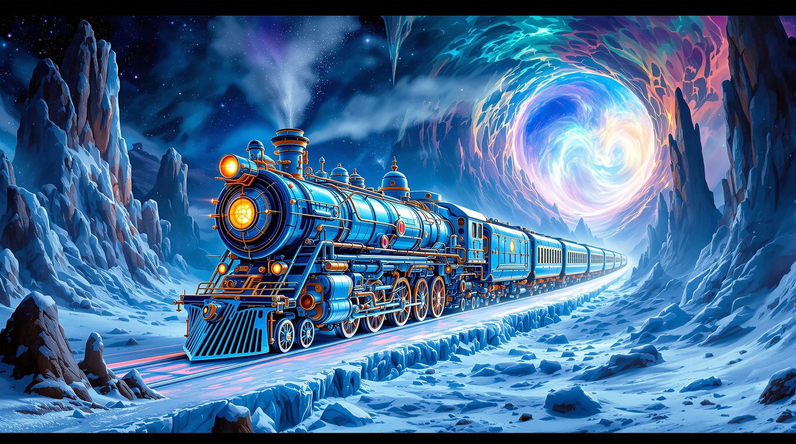 Steampunk Ice Train in Frozen Wasteland