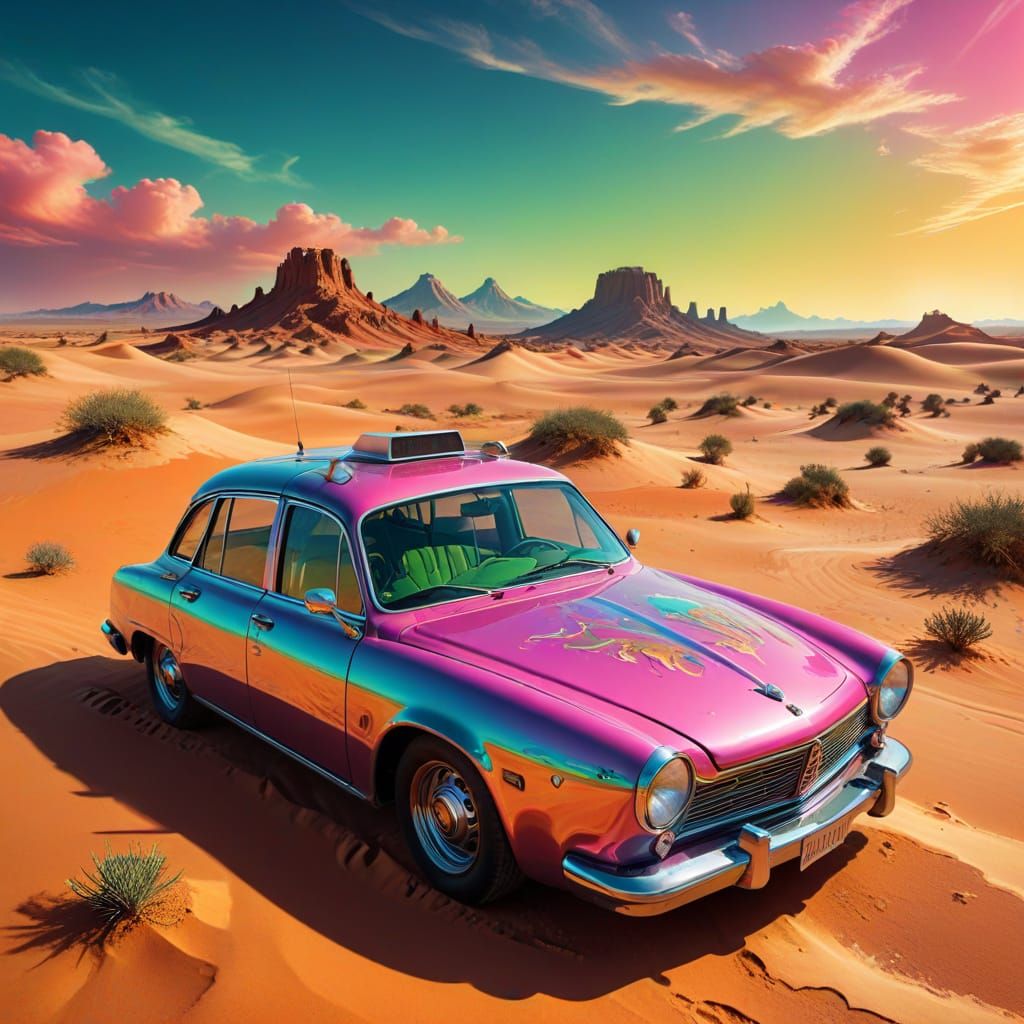 Vibrant Desert Dream in Cyberpunk Oil Painting
