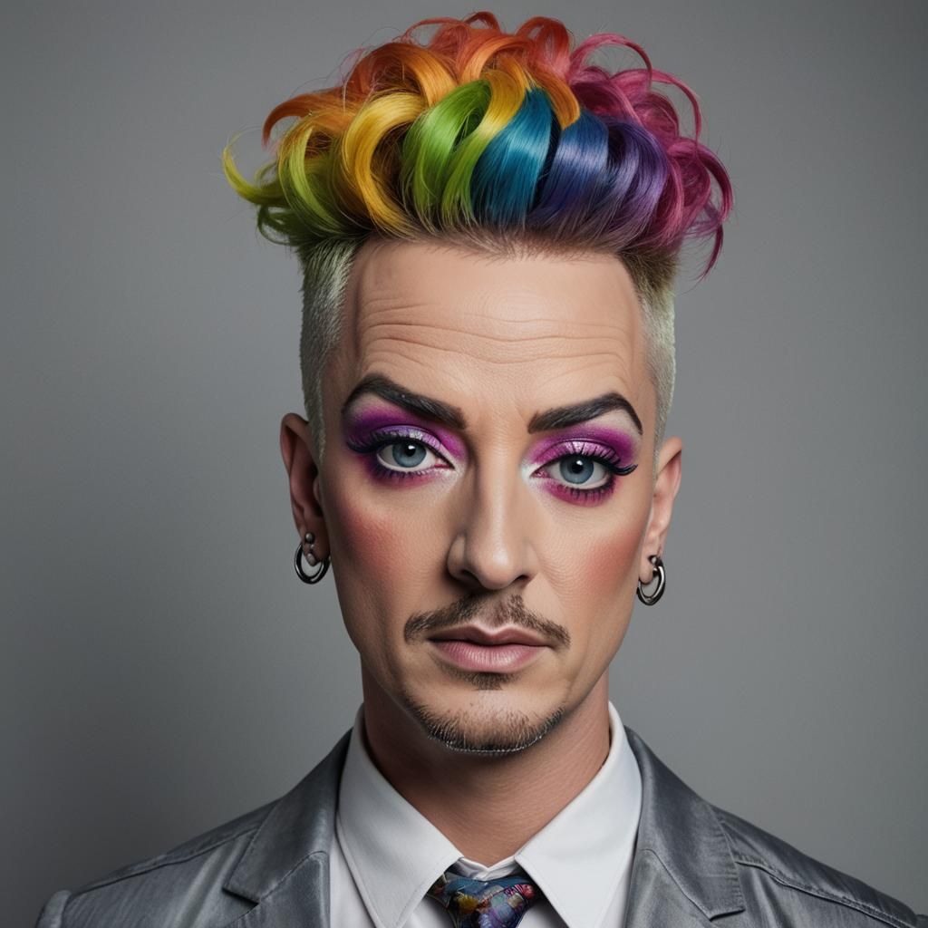 Boy George Portrait with Rainbow Hair in 3D