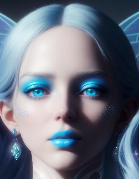 Ethereal fairy with long blue hair and crystal blue eyes wit...