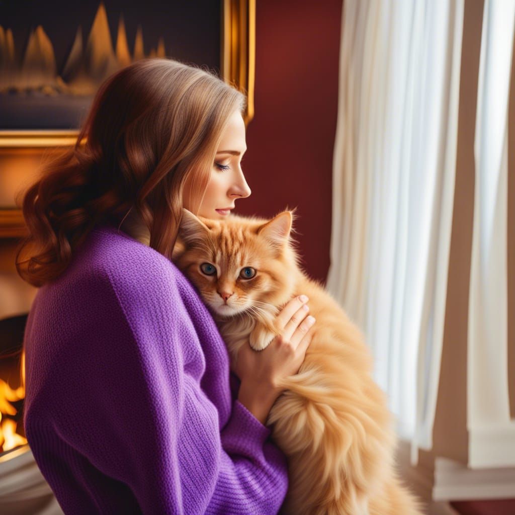 Woman and Cat in Golden Hour Embrace