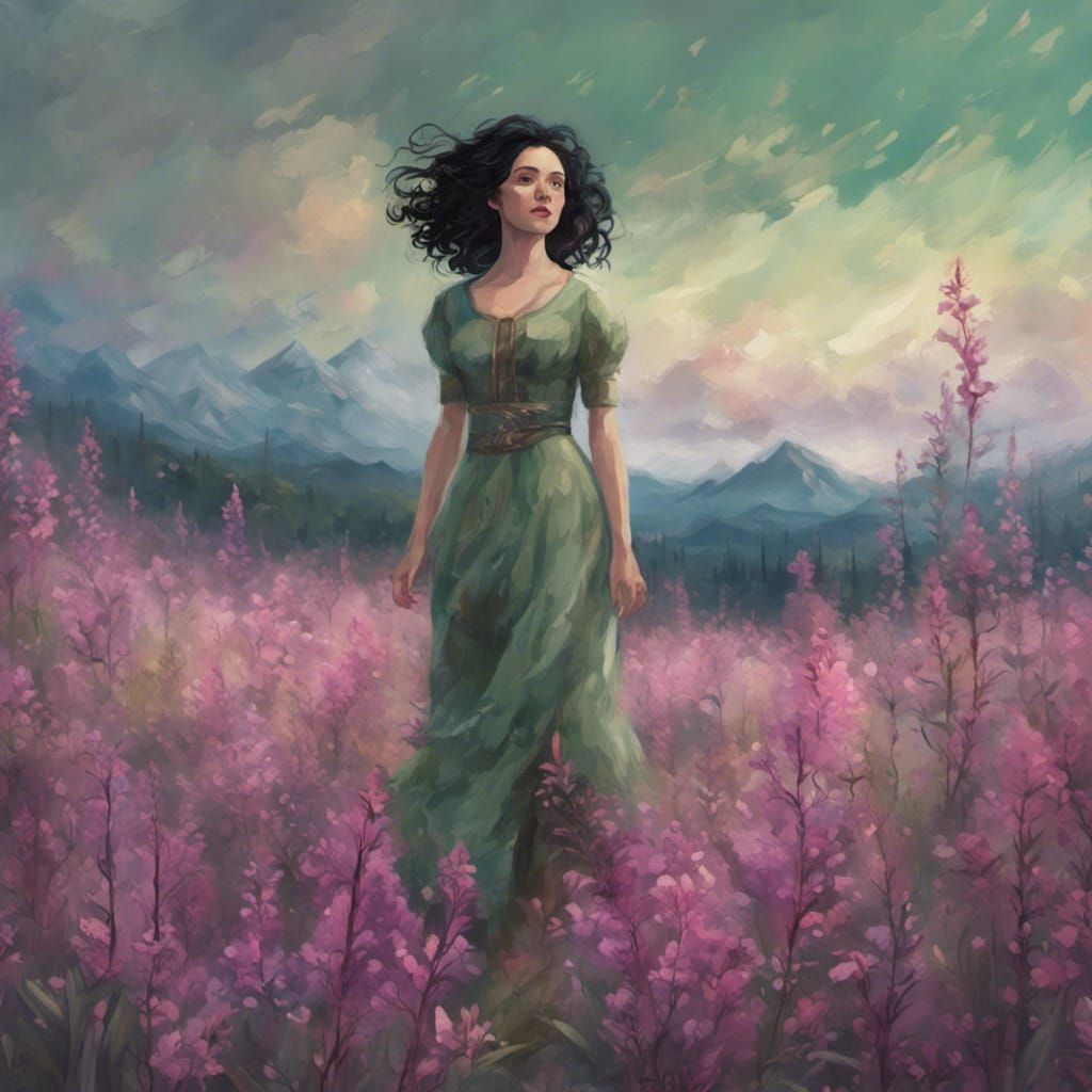 Woman in Fireweed Field, Post-Impressionist Painting