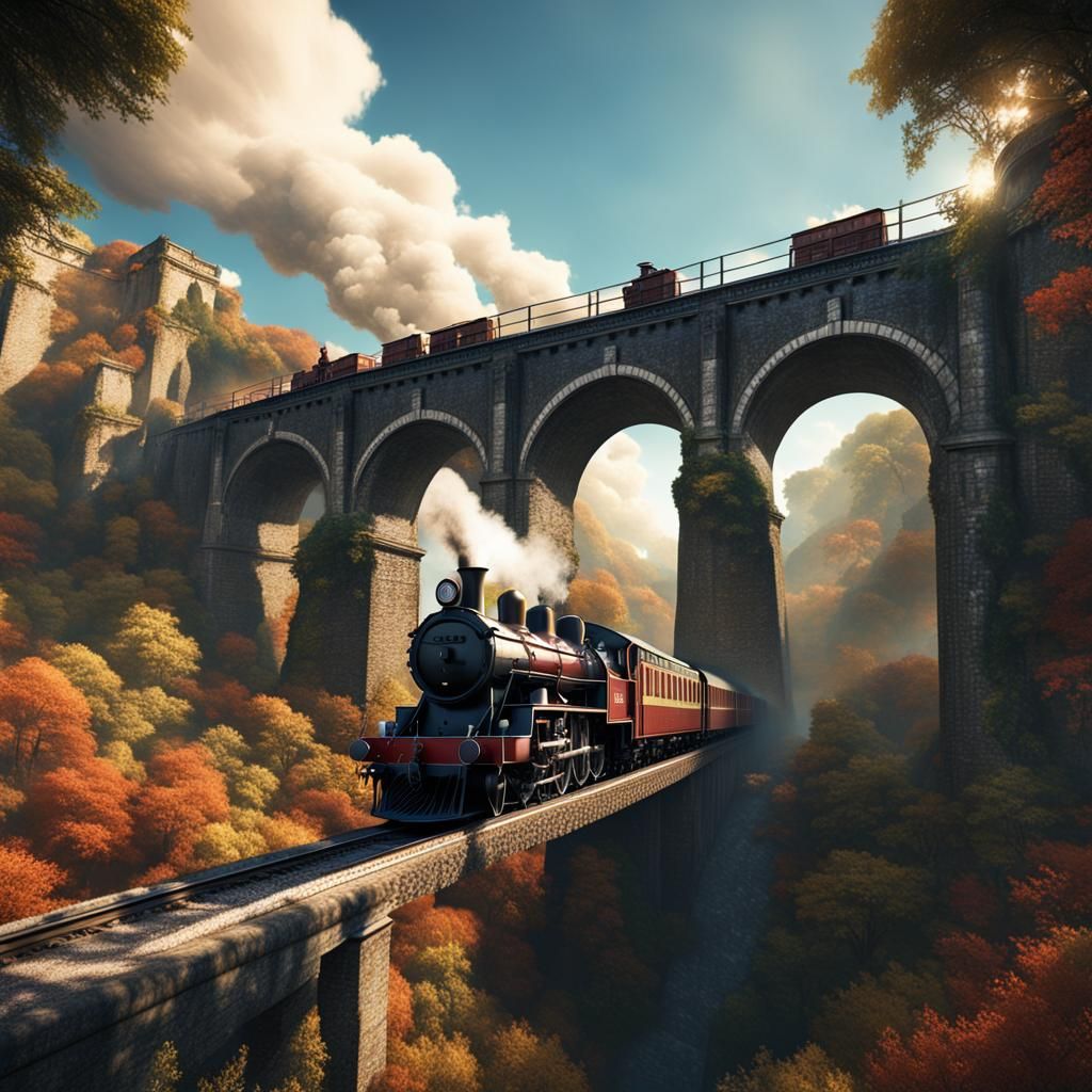 Steam Train on Aqueduct Bridge: Fantasy Art