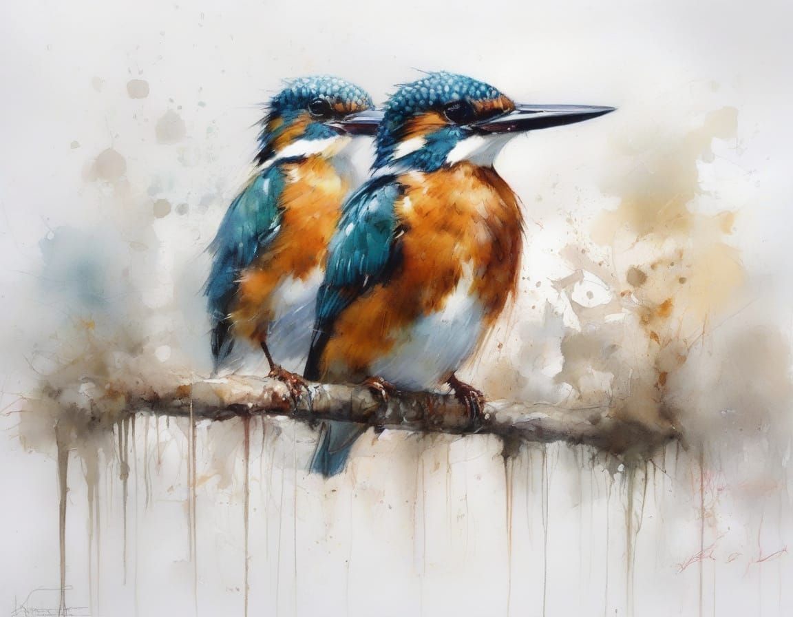 Kingfisher on River Branch in Droplet Spray, Neo-Impressioni...