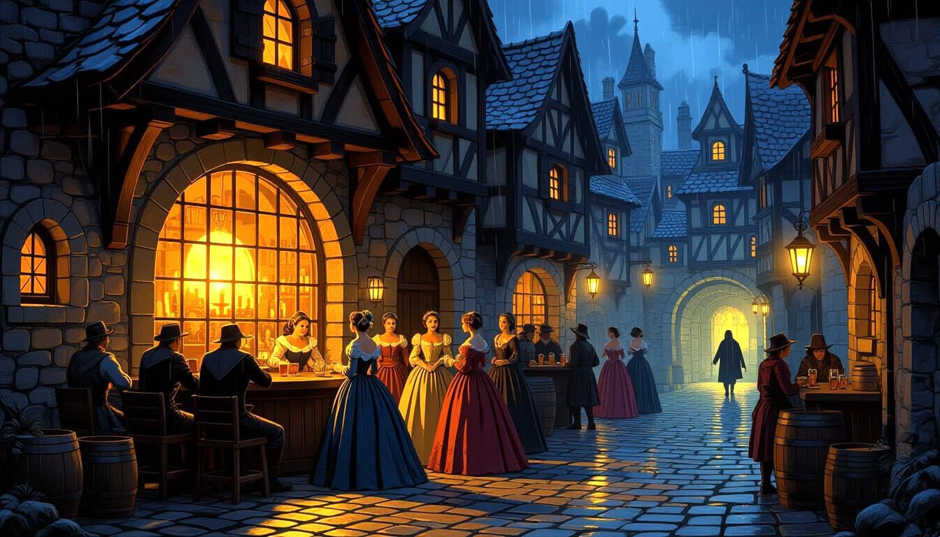 Joyful Tavern Scene in Medieval Alleyways on Rainy Night