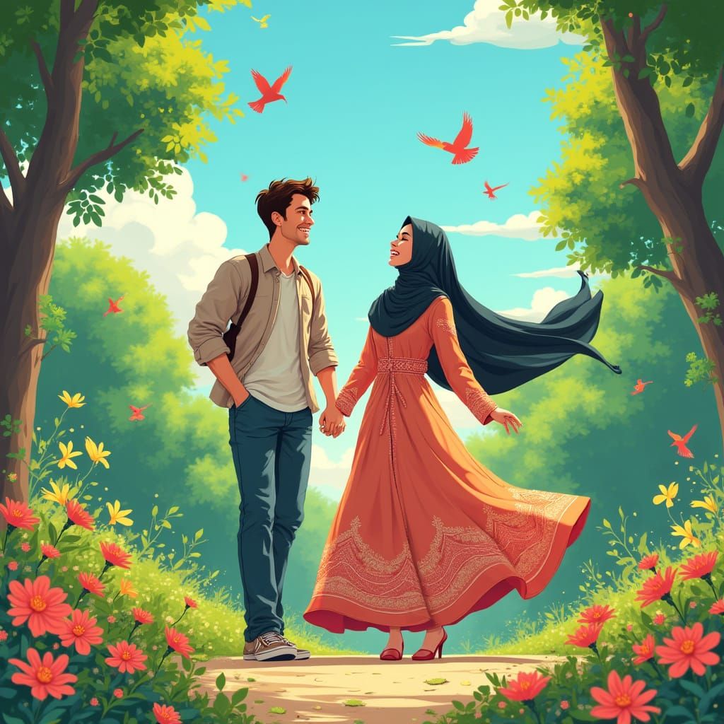 Vibrant Anime Muslim Couple Soak Up Sunny Day in Lush Park