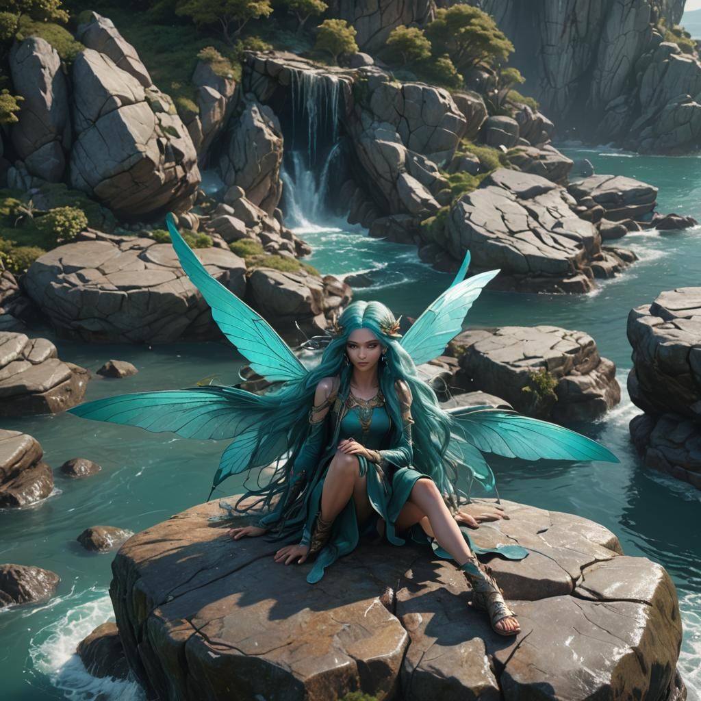 Ocean Fairy with Turquoise Wings, Digital Art