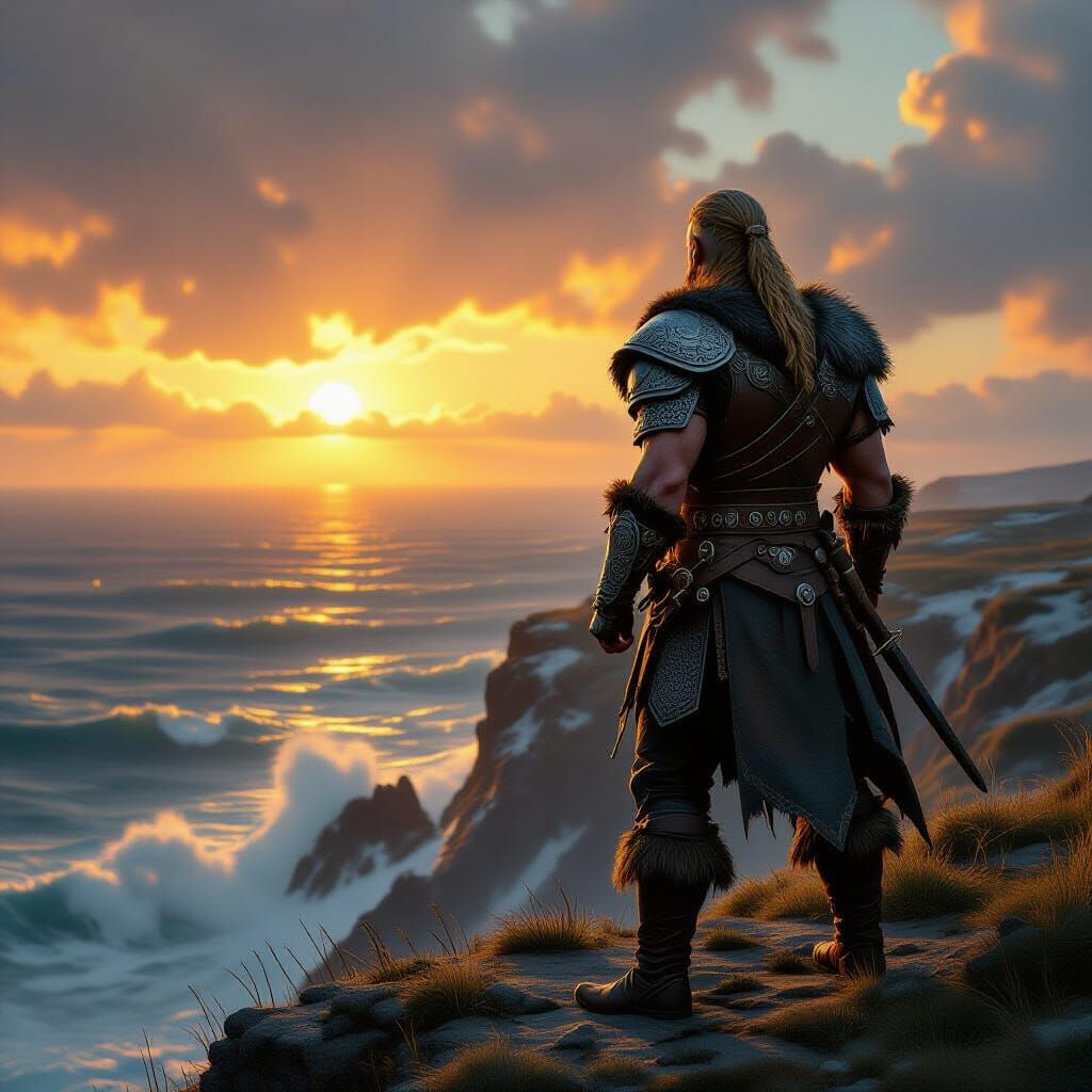 Viking Warrior on Cliff at Sunset - Epic Fantasy Art