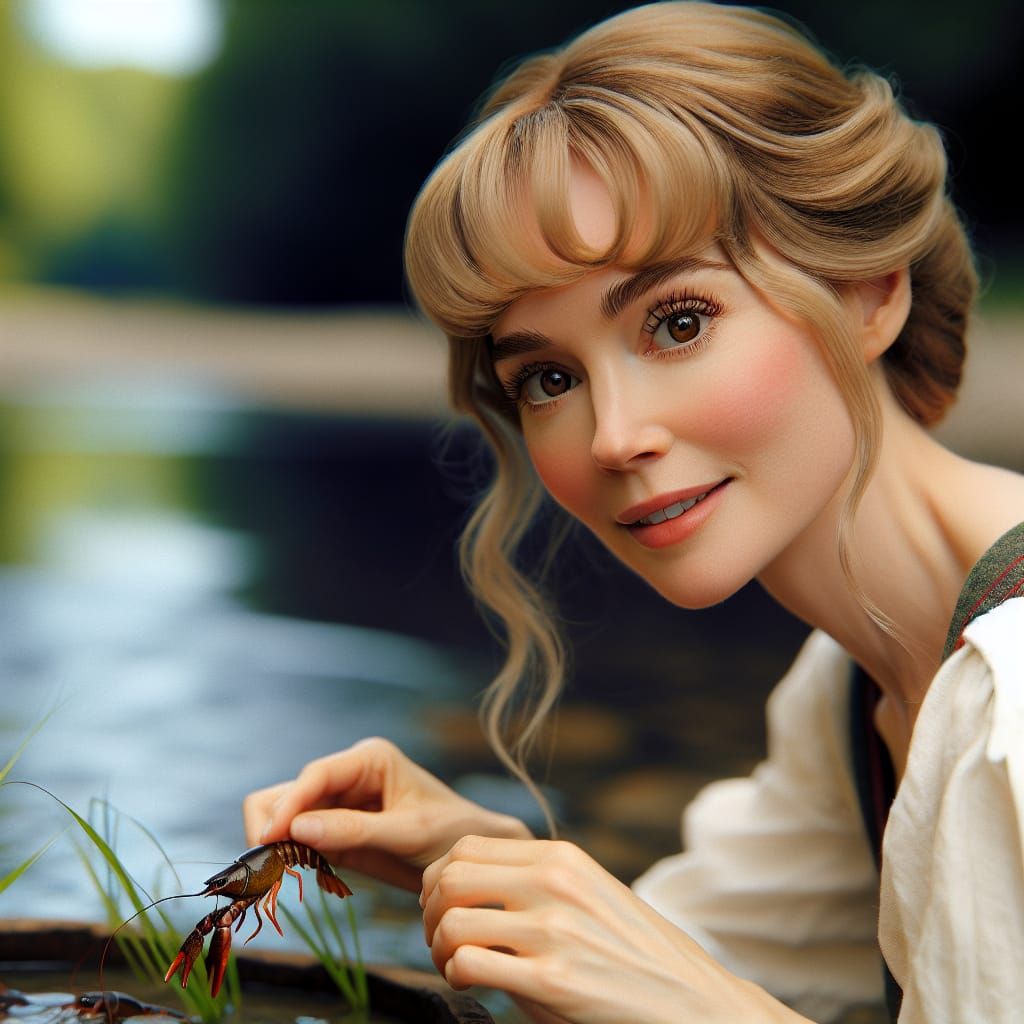 Woman Catching Crayfish at Creek in Sunlight