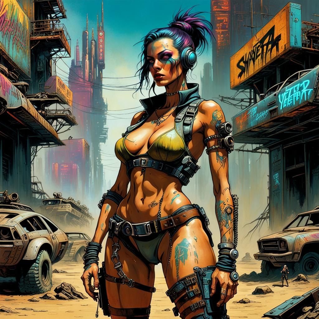 Cyberpunk Woman in Post-Apocalyptic Wasteland