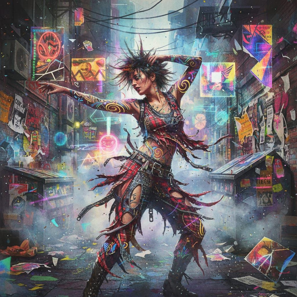 Dynamic Dancer in Neon Alley with Glowing Tattoos