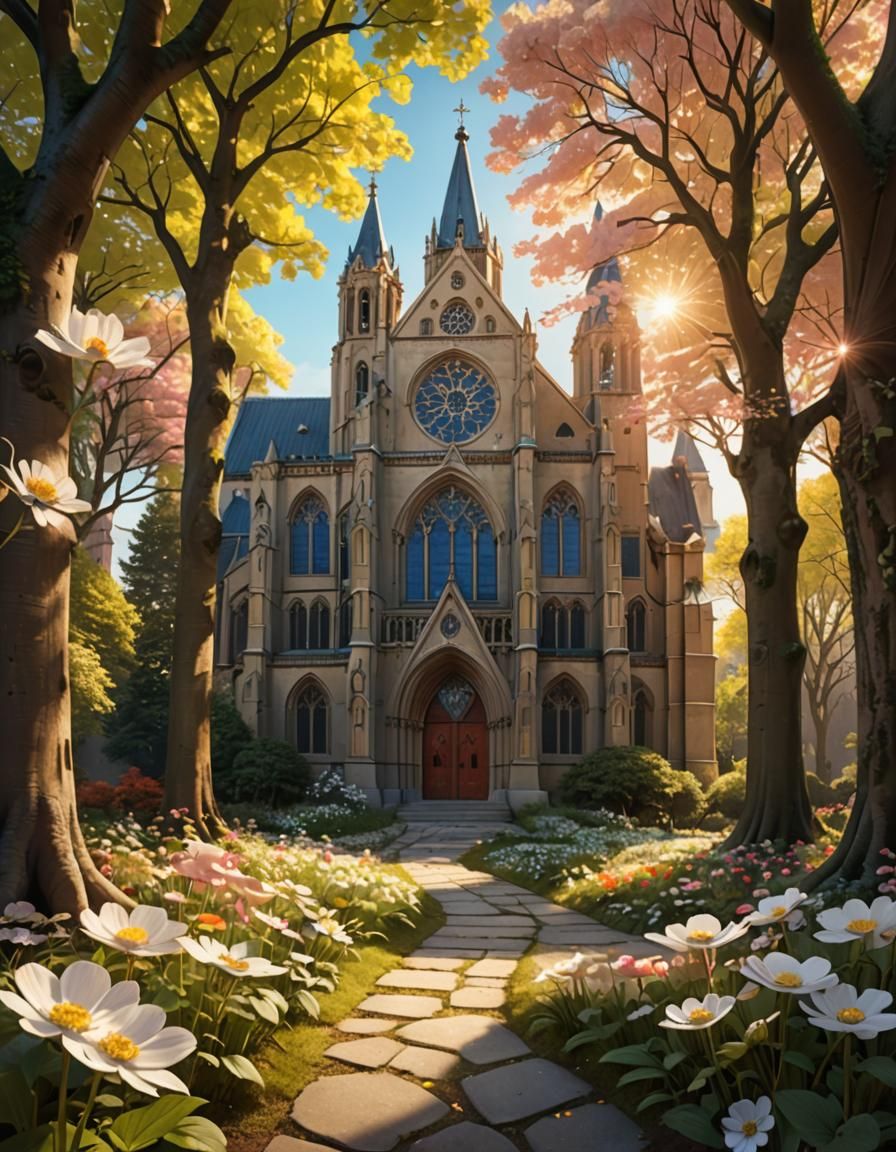 Cathedral with Anemone Flower in Digital Matte Painting