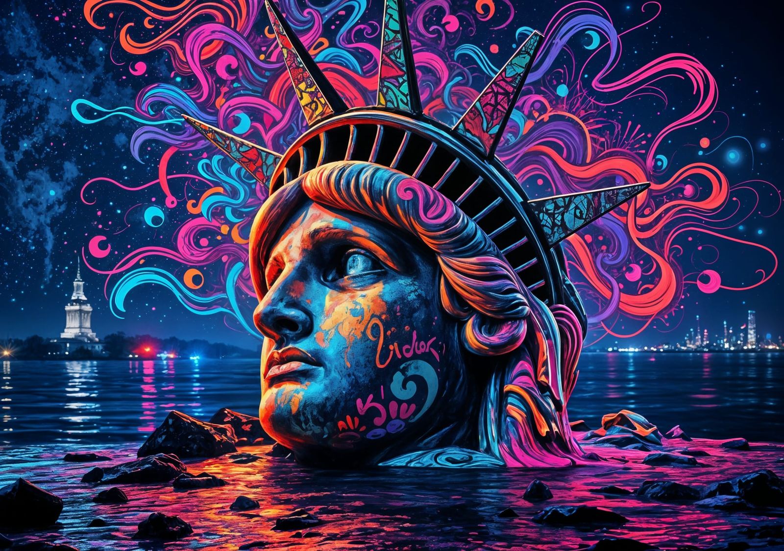Dystopian Graffiti Statue of Liberty Head in Neon Style