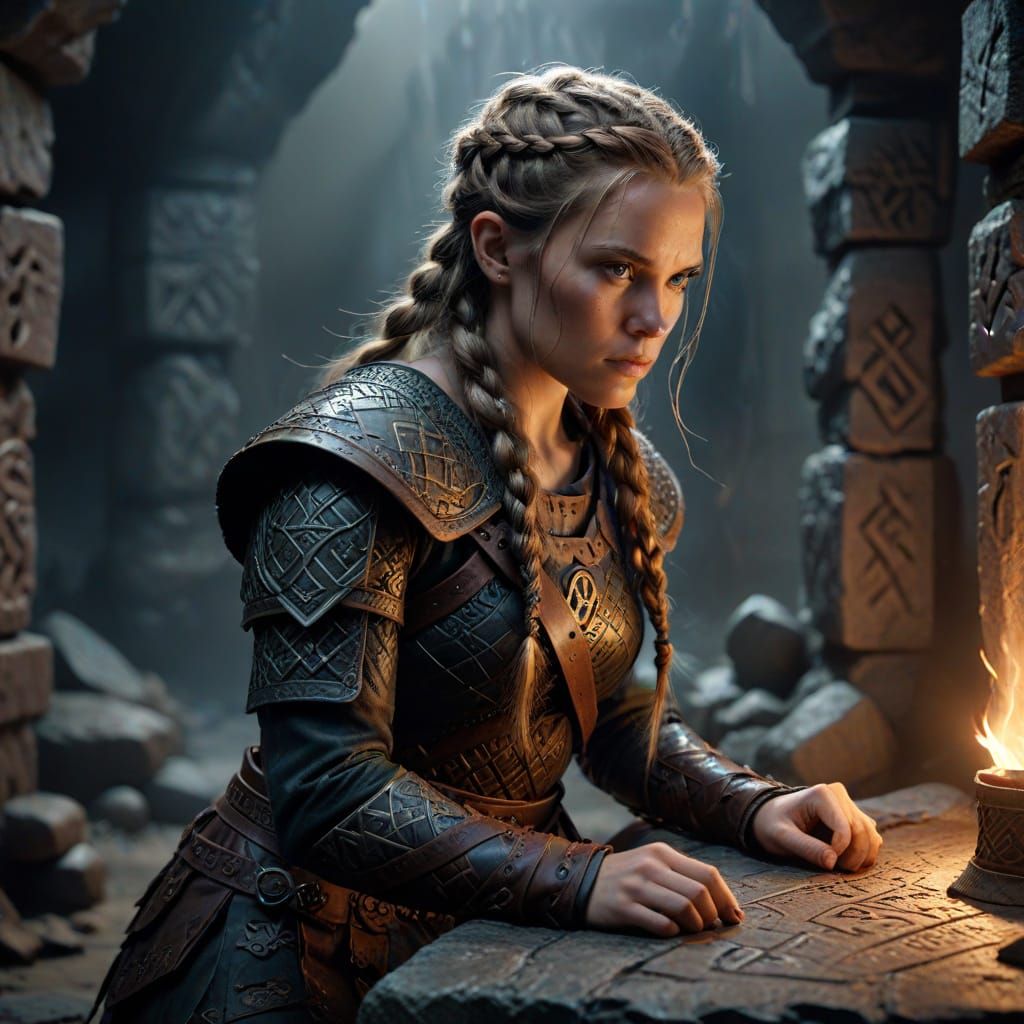 Viking Woman Studying Ancient Runes in Stone Chamber