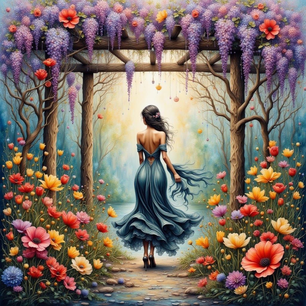 Whimsical Woman in Vibrant Floral Watercolor Garden