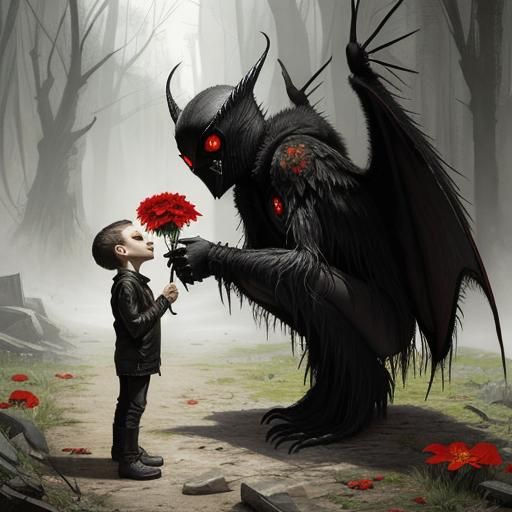 Mothman Offers Flower to Scared Child