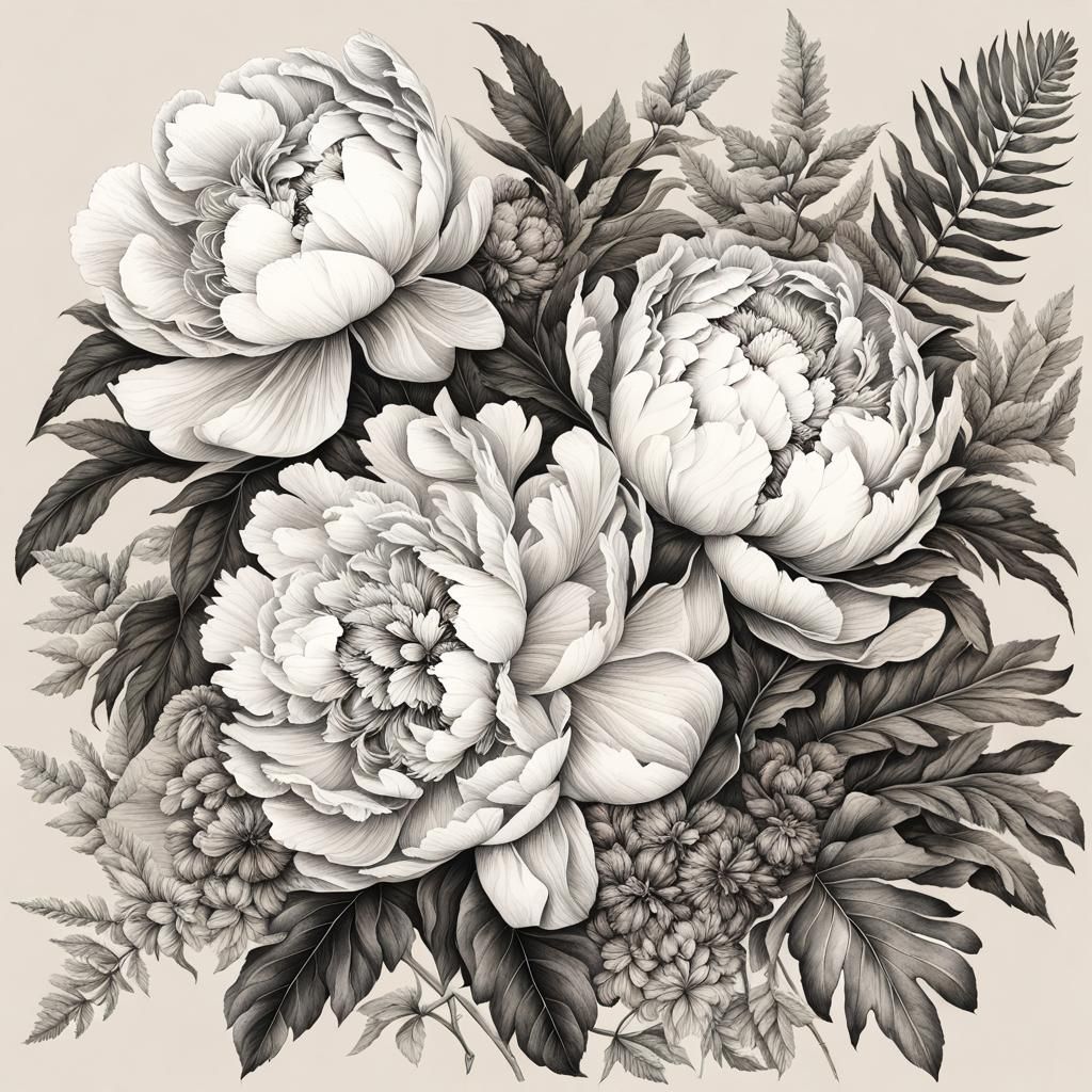 Elegant Botanical Ink Drawing of Peonies and Ferns