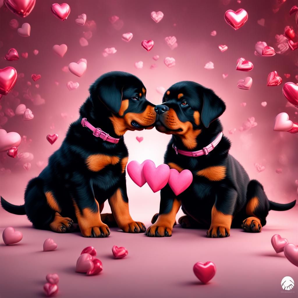 Rottweiler Puppies Kissing in Fantasy Heartscape