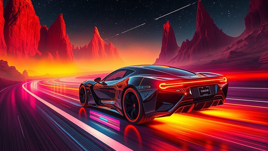 Cyberpunk Car on Alien Highway, Syd Mead Style