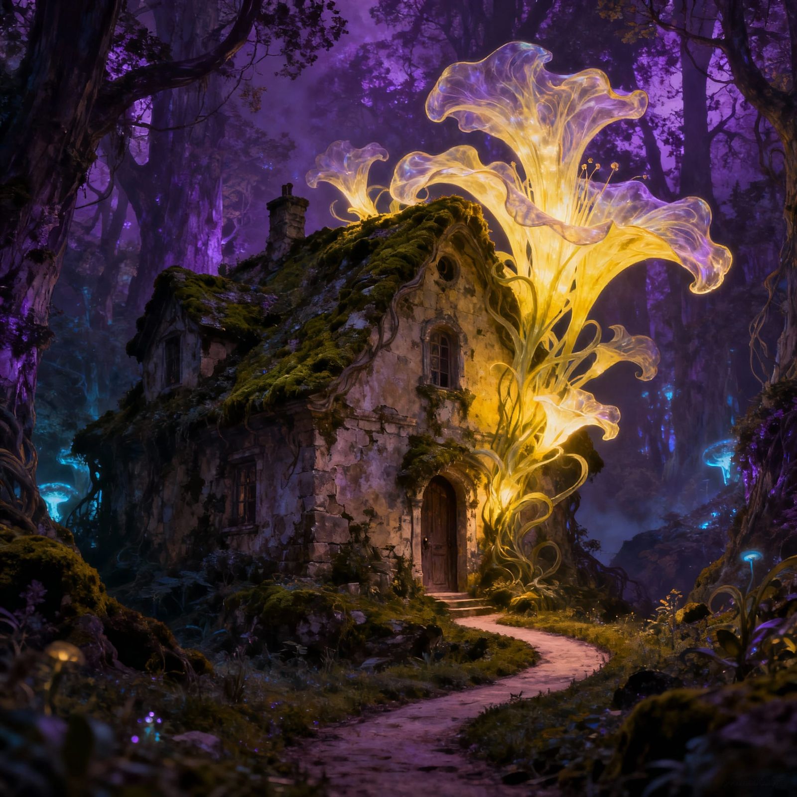 Enchanted Forest Stone House in Bioluminescent Glow