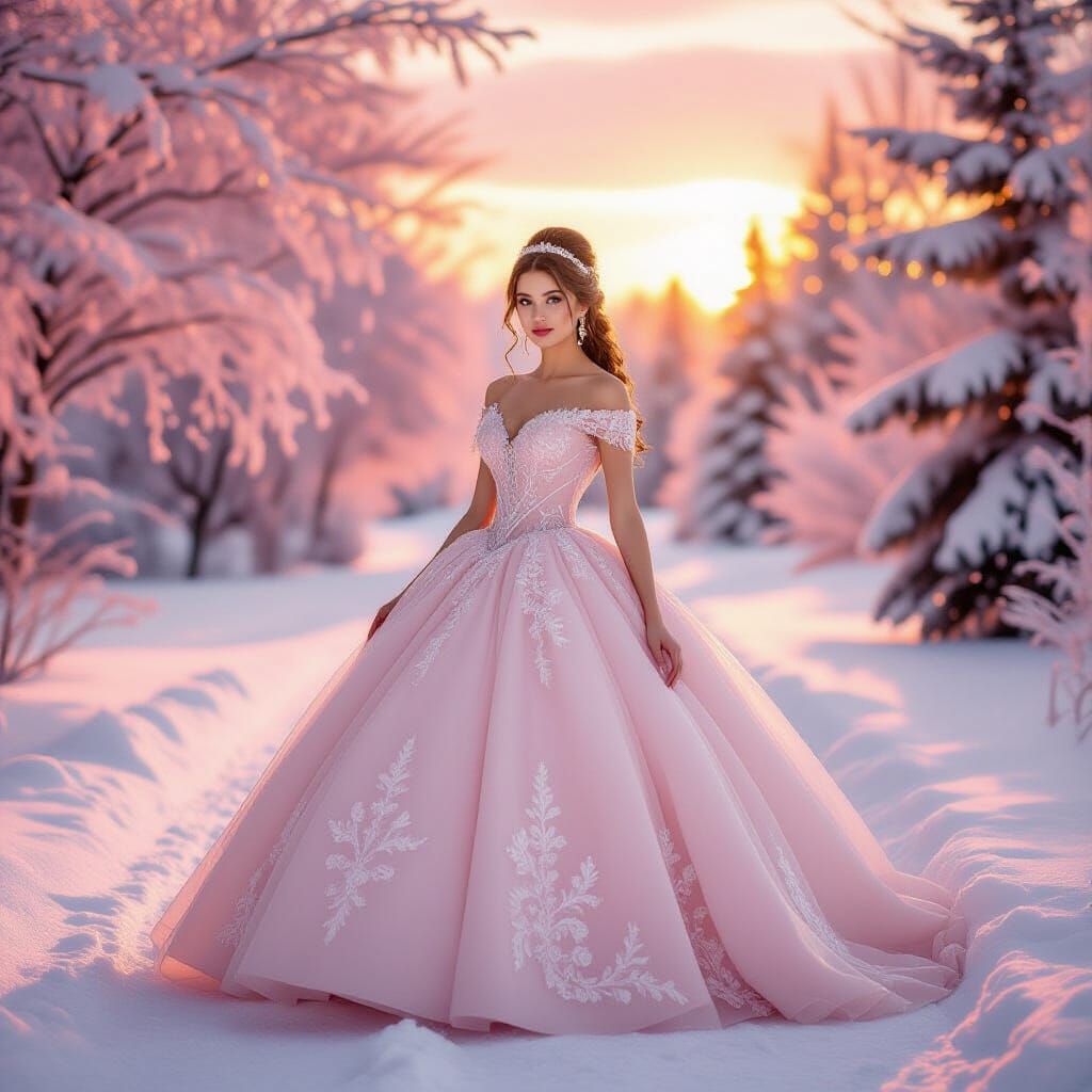 Young Woman in Pink Ball Gown in Magical Winter Wonderland