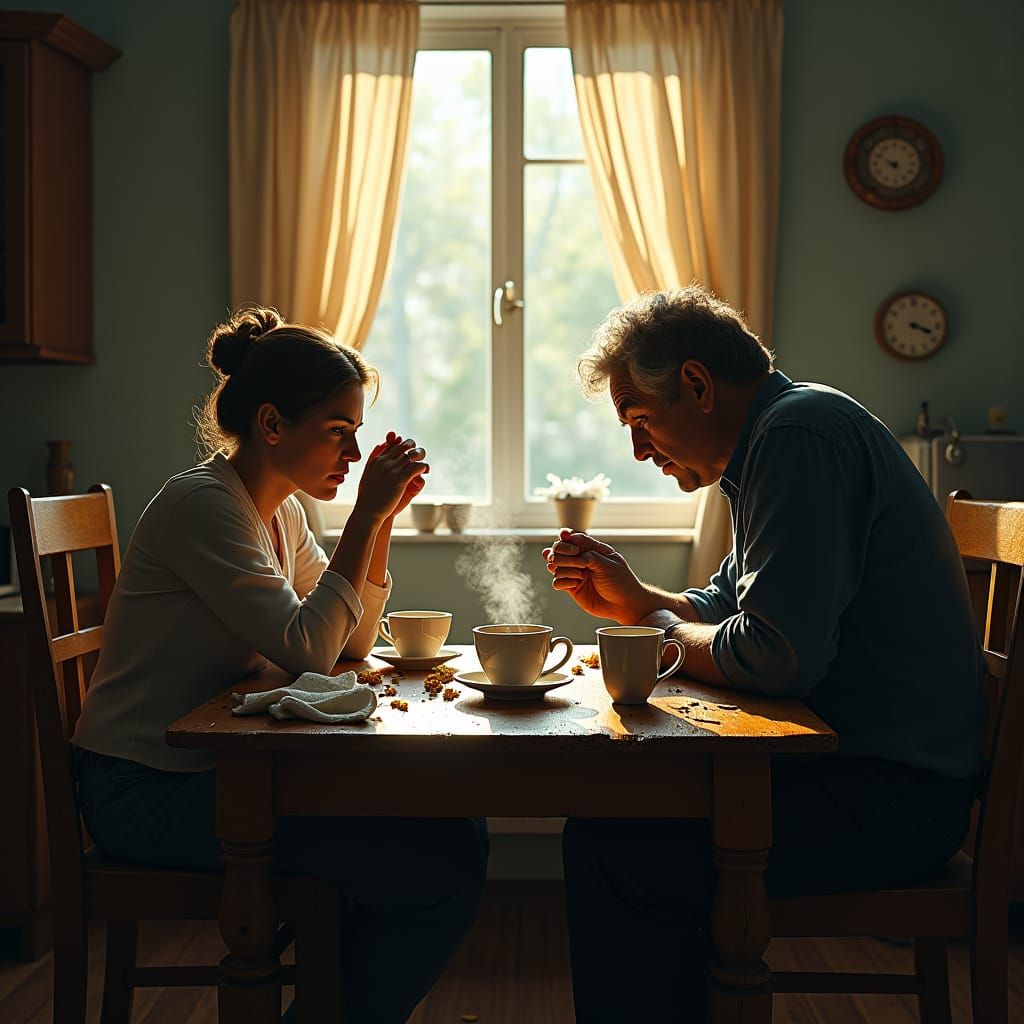 Tense Kitchen Scene in Detailed Matte Painting Style