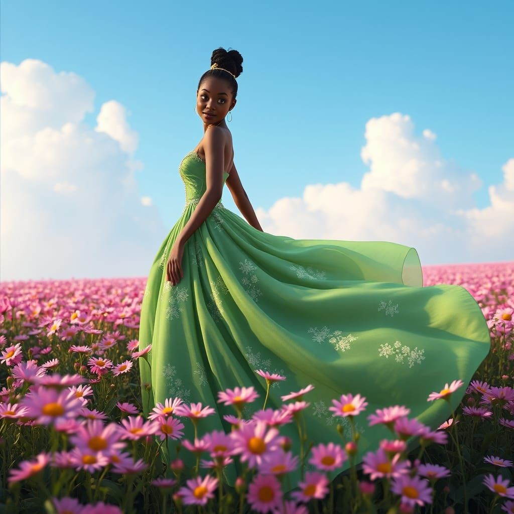 Tiana in Green Gown, Hyperrealistic Matte Painting