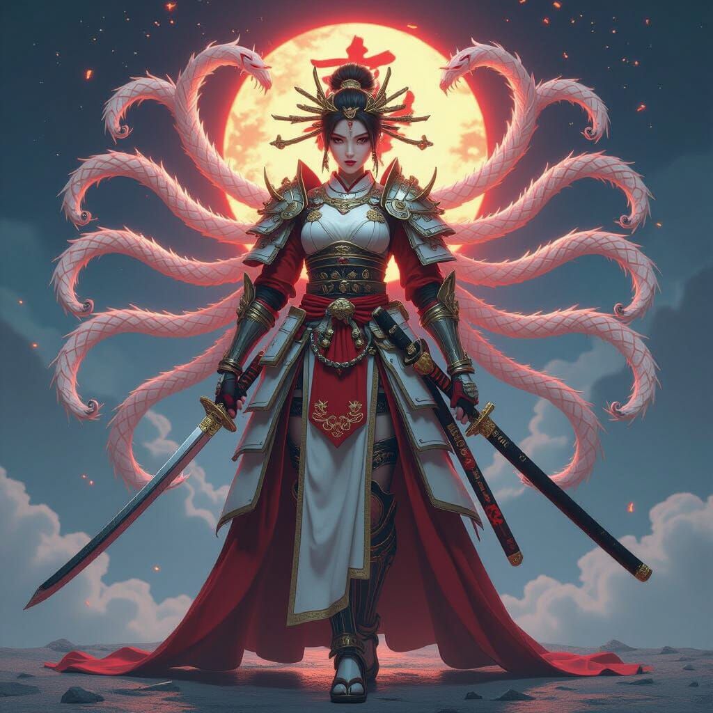 Deity in Celestial Armor with Nine Katanas, 3D CG Anime