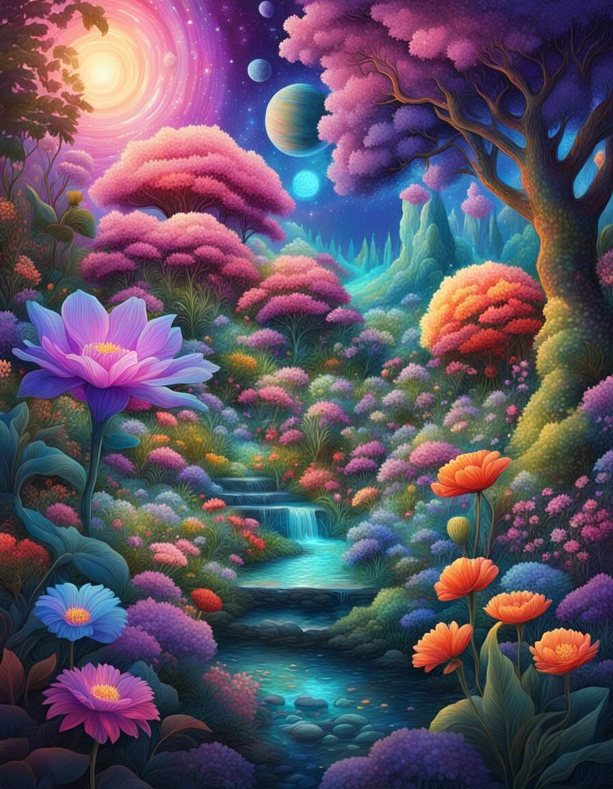 Lush Blooming Garden in Astral Cosmic Illustration Style