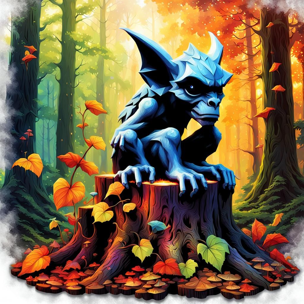 Water paint gargoyle on cut stump