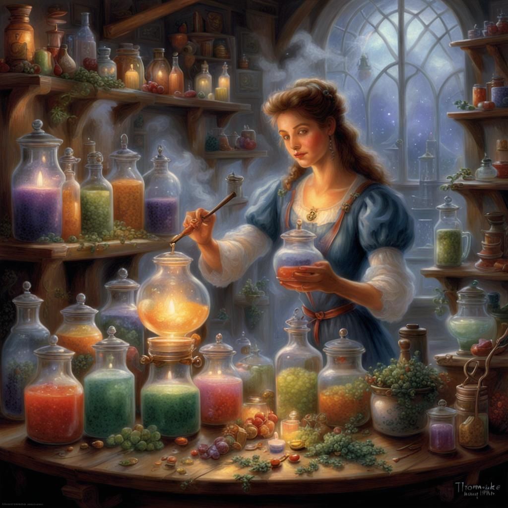 Ethereal Good Witch Brewing Potion in Fantasy Shop