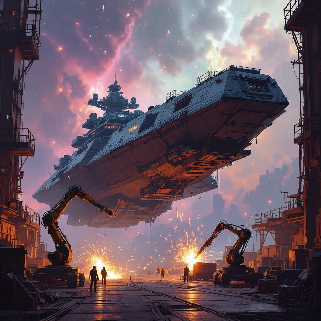 Massive Dreadnought Under Repair in Vibrant Nebula Spaceport