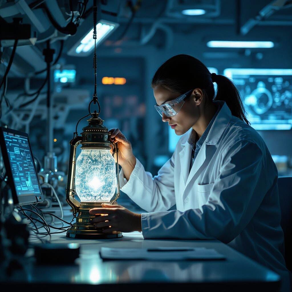 Scientist Examines Alien Artifact in Cyberpunk Lab