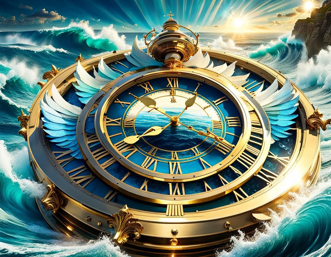 Winged Clock Over Ocean Waves