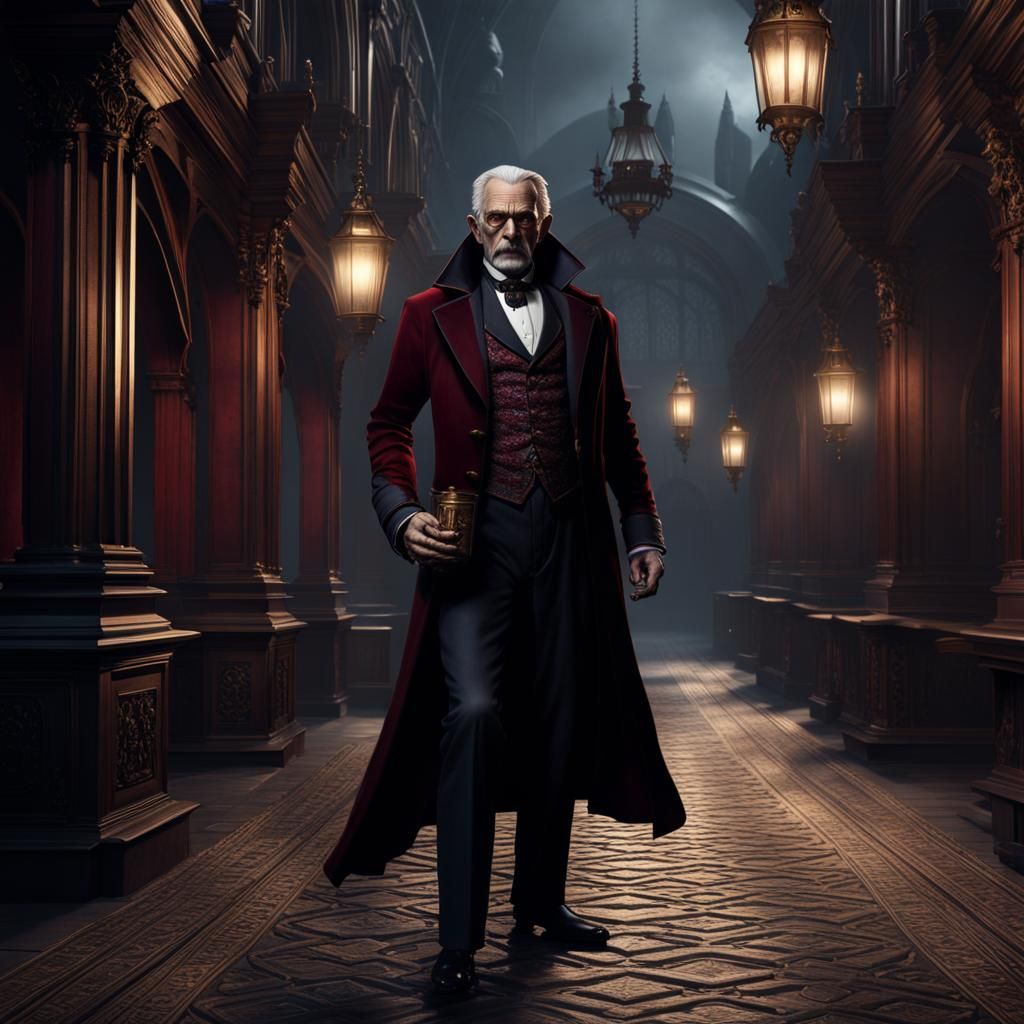 Victorian Vampire in Library: Detailed Matte Painting