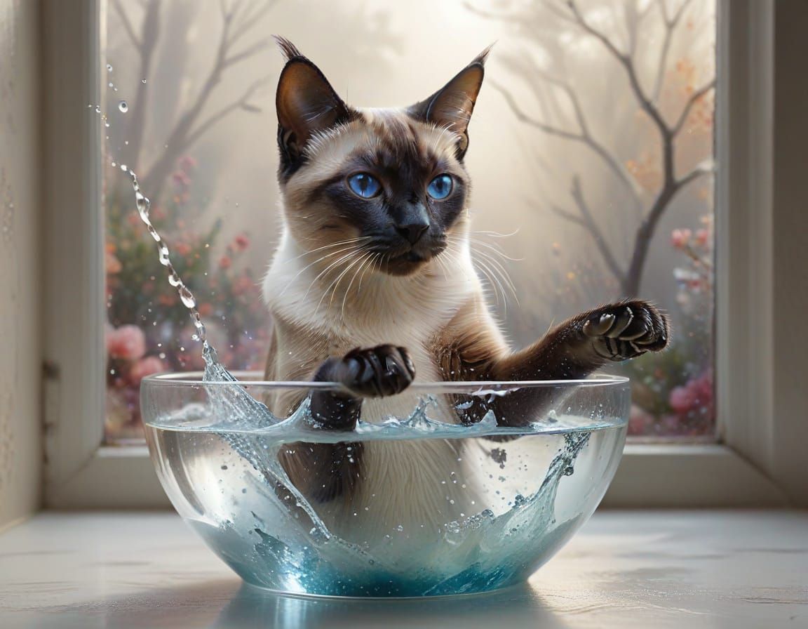 Siamese Cat Paw in Water, Ethereal Fantasy Style