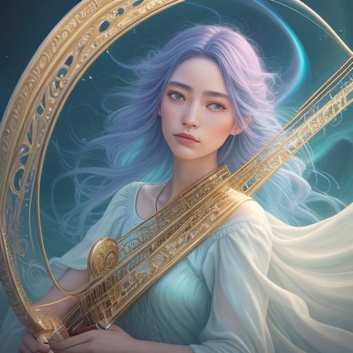 Ethereal Harpist in Surreal Oil Painting