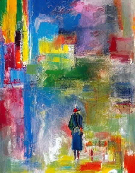 Lady Walking in a Vibrant City Street Abstract Art