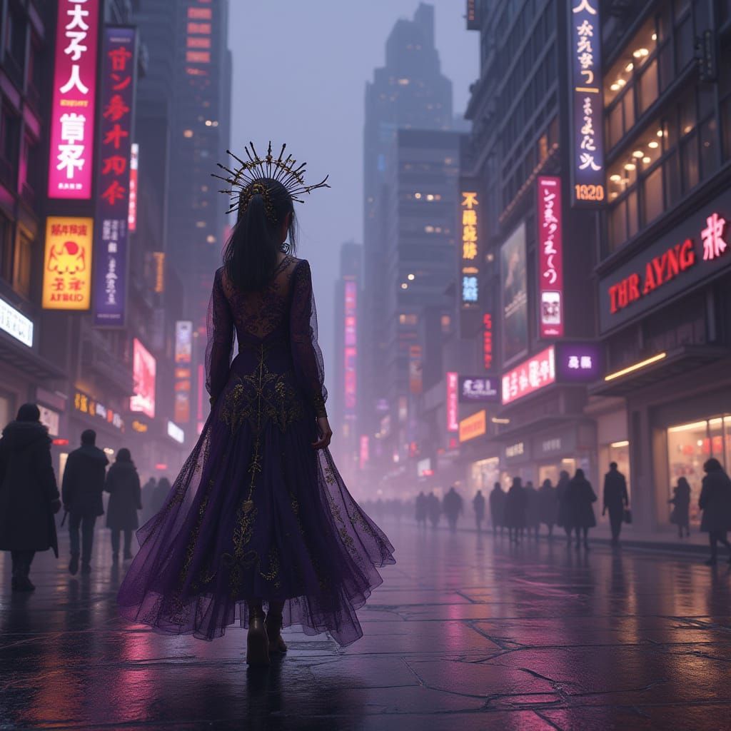 Mysterious Woman Walks Through Cyberpunk City at Dusk