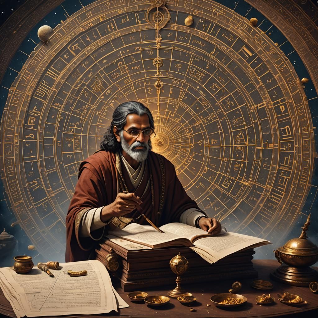 Aryabhata, the Indian mathematician-astronomer, contributing to the illumination of scrolls containing mathematical trea...