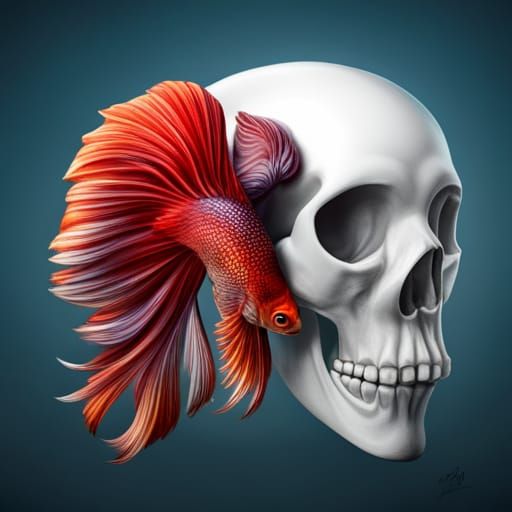 Ornate Goldfish in Skull Mask: Hyperdetailed Art